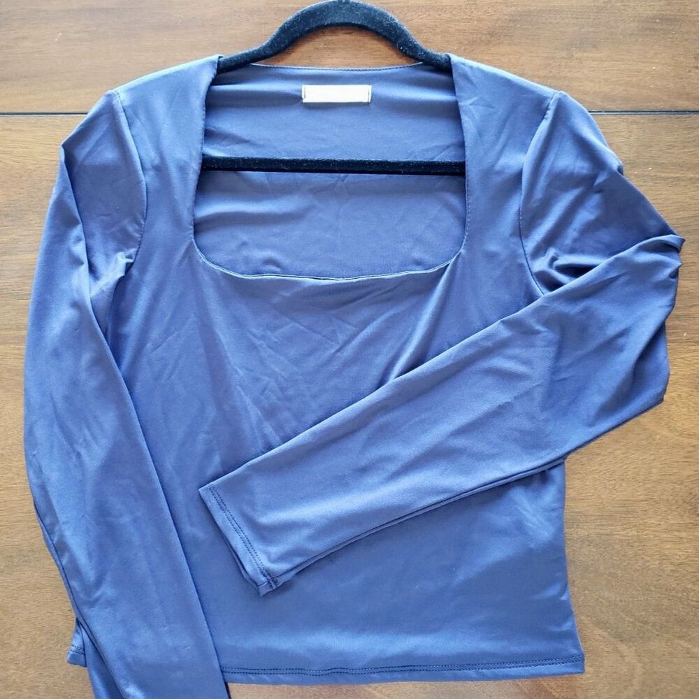 Gaze - Square Neck / Cropped Blouse - Long Sleeves - Navy Blue - Women Size L - Picture 4 of 7